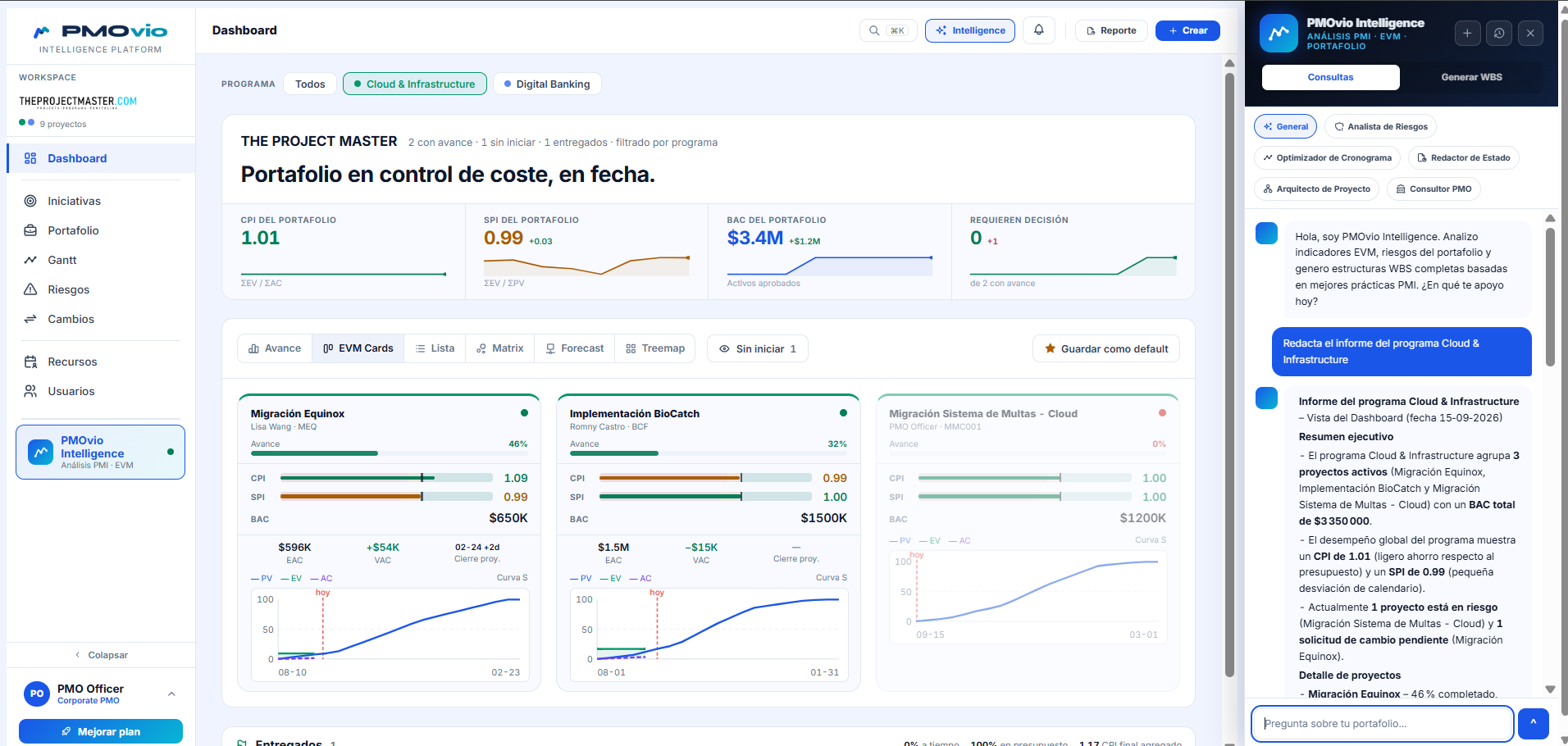 PMOvio Intelligence redacta el informe del programa Cloud & Infrastructure con las mismas cifras de CPI, SPI y BAC que muestra el Dashboard